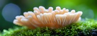 Delicate peach-colored mushrooms growing in clusters on green moss with soft bokeh background, creating dreamy natural macro photography composition.