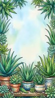 Watercolor succulent and aloe vera garden frame with copy space, featuring potted plants in earthy ceramic pots on soft blue-green background.