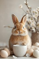 Adorable brown bunny with cup surrounded by Easter eggs and spring blossoms, creating festive holiday atmosphere for seasonal greeting cards.