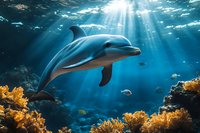 Bottlenose dolphin swimming in deep blue ocean waters with sunbeams penetrating surface, surrounded by vibrant yellow coral reef and tropical fish.
