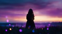 Silhouette of young woman standing in field at sunset with magical bokeh lights and purple sky, dreamy atmospheric nature landscape for book cover design.