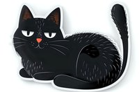 Sleepy black cat with expressive eyes and fluffy tail in cartoon style on white background, isolated sticker design for creative projects and merchandise.