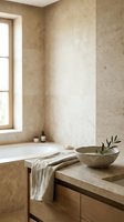 Minimalist bathroom interior with natural stone walls, wooden vanity, ceramic bowl with olive branch, and sunlit window creating serene spa-like atmosphere for wellness and home design projects.