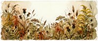 Watercolor autumn wildflower meadow with thistles, goldenrod, and dried grasses in warm earthy tones on a light background.