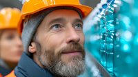 Mature bearded construction worker in orange hard hat examining industrial equipment with confident expression against blurred turquoise background.
