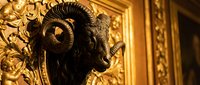 Ornate golden frame with black ram head sculpture featuring curved horns, luxurious home decor accent for interior design and upscale styling projects.