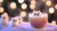 Adorable white cat marshmallow floating in pink hot chocolate drink with warm bokeh lights creating cozy winter atmosphere for seasonal beverages and comfort.