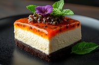 Layered cheesecake slice with chocolate base, creamy filling, bright red berry glaze topping garnished with fresh mint leaves and edible purple flower on black plate.