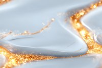 Luxurious white marble surface with flowing golden glitter powder creating elegant swirls and curves, macro photography on light background.