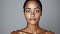 Close up portrait of young mixed race woman with natural freckles and glowing skin against gray background, minimal makeup look for beauty and skincare advertising.