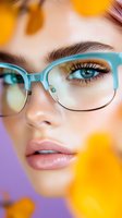 Close up portrait of young woman wearing trendy turquoise glasses with natural makeup and blue eyes against purple background with orange bokeh lights.