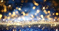 Magical glowing golden bokeh lights and stars on dark blue background with sparkles and shimmering effect, festive holiday celebration atmosphere.