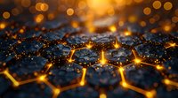 Glowing hexagonal network with golden light emanating from connections on dark textured surface, creating futuristic technology concept.