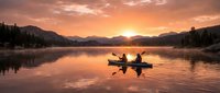 Silhouette of two people paddling a canoe on calm lake at sunrise with golden sky and mountain reflections.