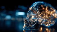 Glowing transparent skull with golden neural networks and circuit patterns representing artificial intelligence, technology and digital consciousness concepts.