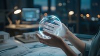 Global business strategy and international commerce concept with hand holding glowing globe showing world map, office workspace background. For corporate, technology, and worldwide connectivity themes.