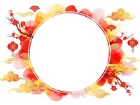 Asian-inspired circular frame with red lanterns, golden clouds, cherry blossoms and traditional ornaments on white background for festive design projects.