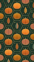Autumn seamless pattern with orange pumpkins and leaves in hexagonal geometric design on dark green background for seasonal decorations and harvest themes.