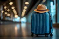 Blue hardshell spinner suitcase with brown fedora hat on top standing in airport terminal with blurred bokeh lights background for travel concept.