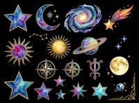 Celestial and space elements collection featuring stars, moons, planets, suns, and cosmic symbols isolated on transparent background. Ready for t-shirt design, clipart, stickers, sublimation, and print-on-demand projects.