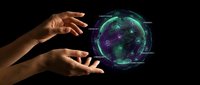 Hands protecting holographic Earth globe with digital network connections on black background for environmental technology concepts.