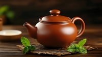 Traditional brown clay teapot with fresh mint leaves on bamboo mat against dark wooden background, moody lighting creates cozy tea ceremony atmosphere.