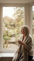 Senior Caucasian woman in cozy cardigan holding coffee cup by window overlooking garden, peaceful morning moment at home for retirement lifestyle content.