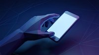 Polygon art hand holding a glowing smartphone on dark blue tech background with geometric network lines.