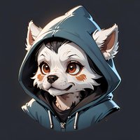 Cute white dog character wearing blue hoodie, with expressive brown eyes and fluffy ears. Digital art style portrait on dark background for gaming or mascot design.