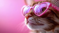 Ginger cat wearing heart-shaped pink sunglasses against pink background, close up view of feline nose and whiskers, fashion pet portrait for valentines cards.