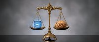 Golden scales of justice balancing AI technology cube against human brain representing artificial intelligence versus human intelligence debate.