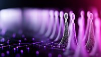 Sperm cells swimming toward egg in purple medical visualization showing fertilization process for reproductive health education and fertility concepts.
