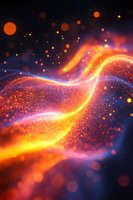Abstract glowing energy wave with vibrant orange and purple particles flowing through cosmic space creating dynamic light trails and bokeh effects.