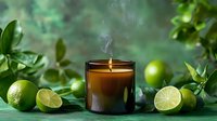 Aromatic soy candle with fresh cut limes and green leaves on dark background. Smoke rises from burning wick creating relaxing spa atmosphere.