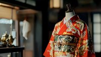 Traditional red floral kimono with ornate obi sash displayed on mannequin in soft ambient lighting, showcasing intricate Japanese textile craftsmanship and design details.