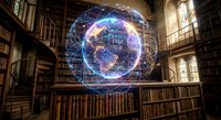 Futuristic holographic Earth globe projection floating in historic library with wooden shelves and books creating digital technology education concept.