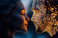 Young woman with closed eyes facing glowing golden particle silhouette in dark atmospheric setting, representing spiritual connection and inner reflection.