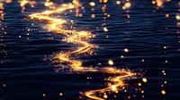 Magical glowing trail of light particles dancing over dark rippling water surface creates mystical atmosphere with floating golden bokeh effects and reflections.