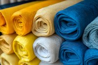 Neatly rolled colorful microfiber towels in yellow, white and blue shades stacked in rows on shelf, showing texture and softness of cleaning cloths.