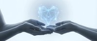 Two hands gently cupped together with glowing blue geometric heart symbol floating above, representing love, care, protection and emotional connection.