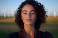 Young woman with curly hair meditating peacefully in field with wind turbines at sunset, eyes closed in serene mindfulness moment for wellness and sustainability.