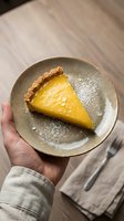 Hand holding a ceramic plate with a slice of lemon tart dusted with powdered sugar, fork and linen napkin on wooden table.