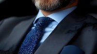 Professional businessman in dark suit with navy polka dot tie and light blue shirt, close-up detail of formal business attire for corporate presentations.
