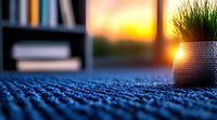 Cozy home interior with blue textured carpet at sunset, warm sunlight through window illuminating potted grass plant, creating peaceful domestic atmosphere.