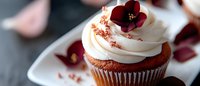 Gourmet chocolate cupcake with white cream frosting topped with burgundy edible flower and rose petals for bakery dessert menu.