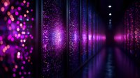 Futuristic data center corridor with glowing purple lights and bokeh effects creating mystical atmosphere in server room with endless rows of equipment.