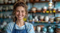 Young Caucasian female barista in denim apron and casual blue shirt smiling warmly at cafe. Natural lighting highlights genuine expression perfect for hospitality or service industry marketing.