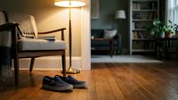 Cozy living room interior with comfortable armchair, floor lamp and black shoes on wooden flooring creating warm homey atmosphere for relaxation.