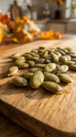Green cardamom pods scattered on rustic wooden cutting board in warm kitchen setting with autumn leaves and cozy home cooking atmosphere.