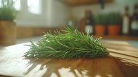 Fresh green rosemary herbs bunch on wooden cutting board in bright kitchen interior for cooking and culinary preparations.